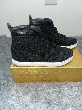Women's Black High-Top Rhinestone Lace-Up Sneakers